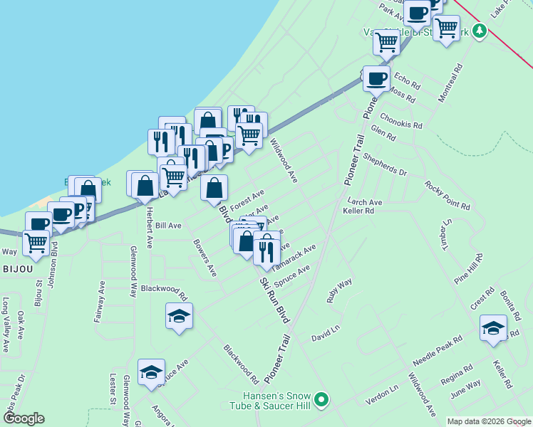 map of restaurants, bars, coffee shops, grocery stores, and more near 3692 Aspen Avenue in South Lake Tahoe