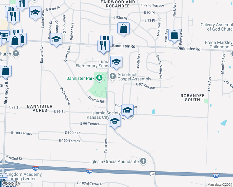 map of restaurants, bars, coffee shops, grocery stores, and more near 9725 Marsh Avenue in Kansas City
