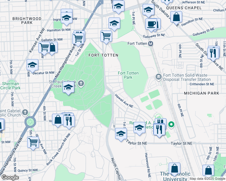 map of restaurants, bars, coffee shops, grocery stores, and more near 44 Allison Street Northeast in Washington