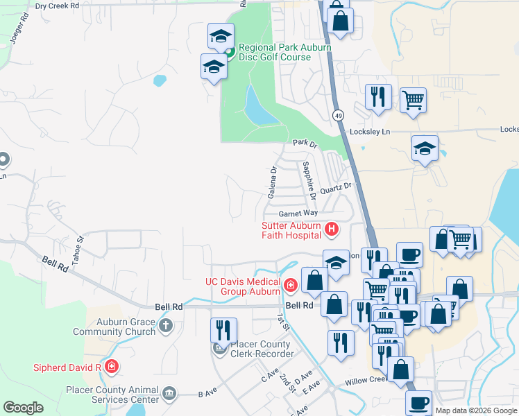 map of restaurants, bars, coffee shops, grocery stores, and more near 3567 Galena Drive in Auburn