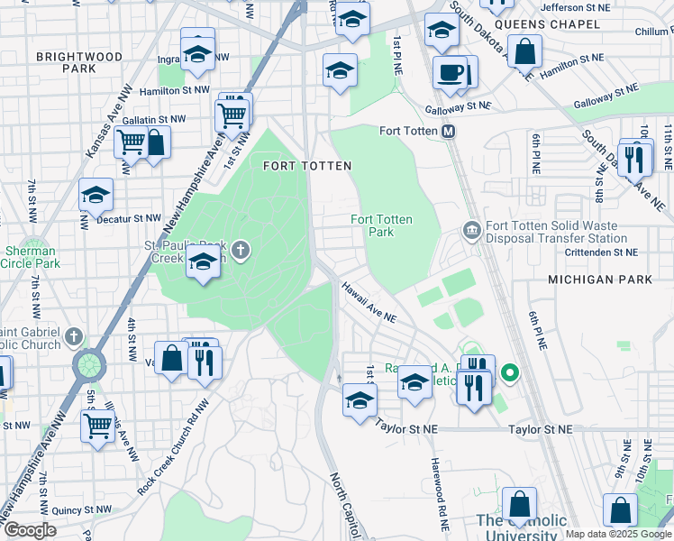 map of restaurants, bars, coffee shops, grocery stores, and more near 44 Allison Street Northeast in Washington