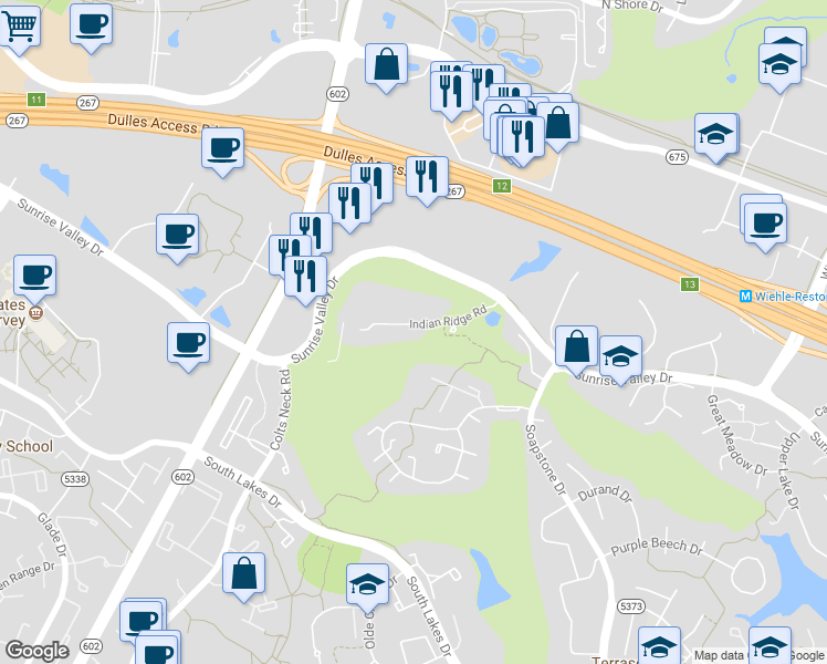 map of restaurants, bars, coffee shops, grocery stores, and more near 11729 Indian Ridge Rd in Reston