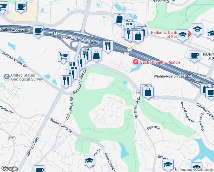 map of restaurants, bars, coffee shops, grocery stores, and more near 11721 Indian Ridge Road in Reston