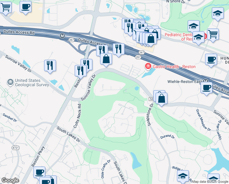 map of restaurants, bars, coffee shops, grocery stores, and more near 11729 Indian Ridge Rd in Reston