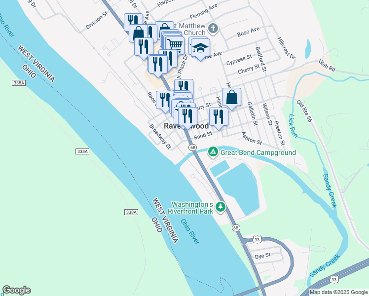 map of restaurants, bars, coffee shops, grocery stores, and more near State Highway 68 in Ravenswood