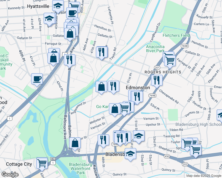 map of restaurants, bars, coffee shops, grocery stores, and more near 101 Independence Avenue Southeast in Washington