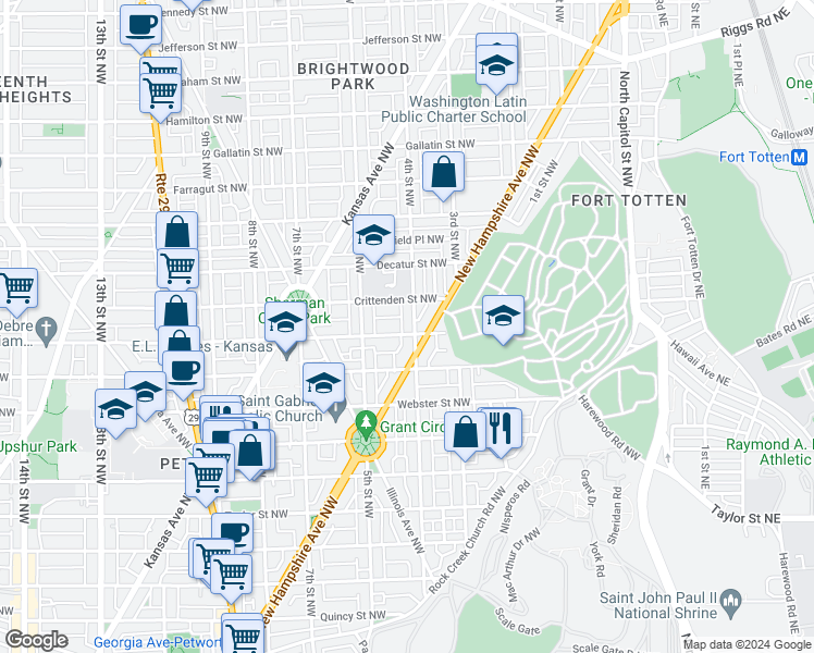 map of restaurants, bars, coffee shops, grocery stores, and more near 4604 4th Street Northwest in Washington