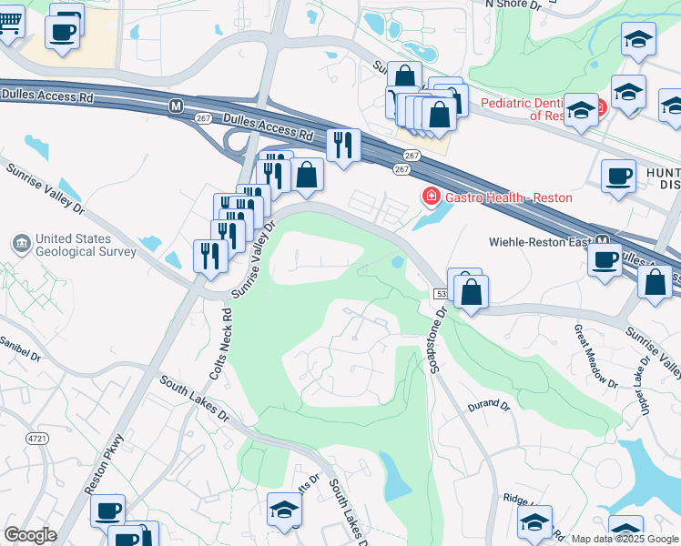 map of restaurants, bars, coffee shops, grocery stores, and more near 11721 Indian Ridge Road in Reston