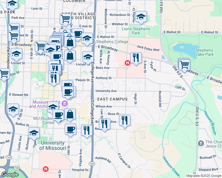 map of restaurants, bars, coffee shops, grocery stores, and more near 1409 University Avenue in Columbia