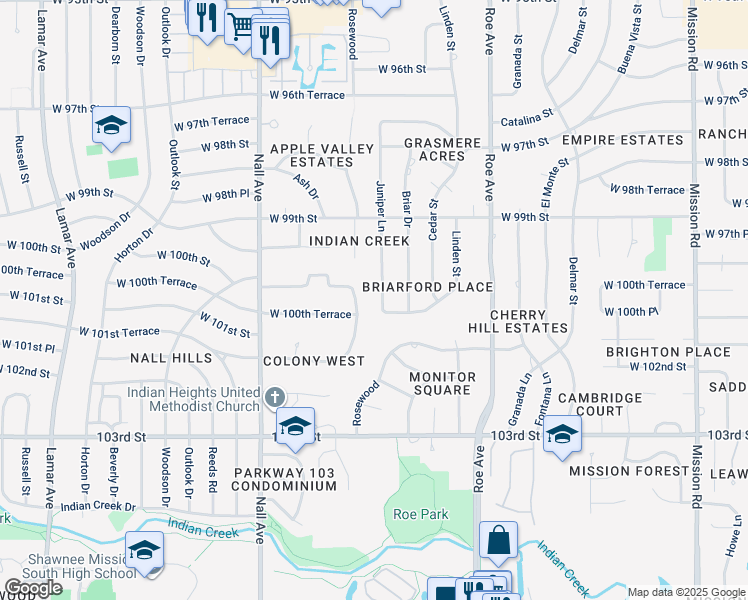 map of restaurants, bars, coffee shops, grocery stores, and more near 10016 Juniper Lane in Overland Park