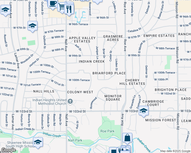 map of restaurants, bars, coffee shops, grocery stores, and more near 10016 Juniper Lane in Overland Park