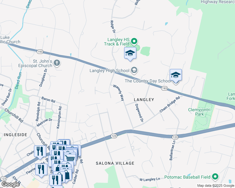 map of restaurants, bars, coffee shops, grocery stores, and more near 1104 Waverly Way in McLean