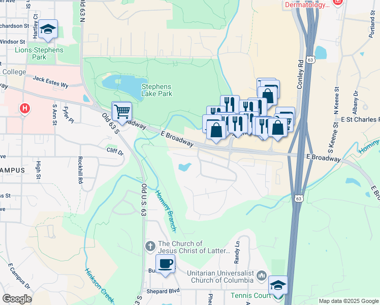 map of restaurants, bars, coffee shops, grocery stores, and more near 1 Broadway Village Drive in Columbia