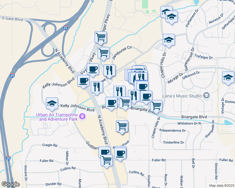 map of restaurants, bars, coffee shops, grocery stores, and more near 7940 Brayden Point in Colorado Springs