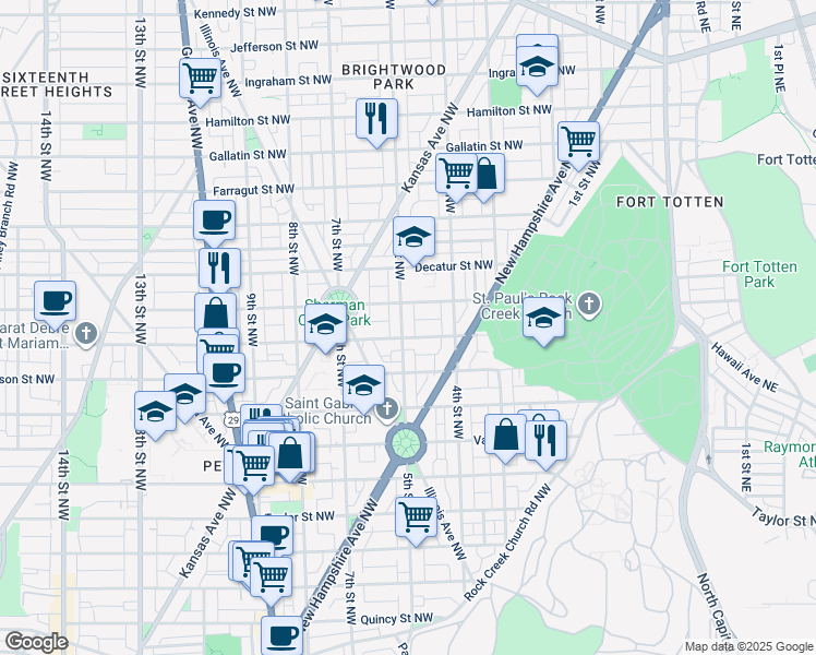 map of restaurants, bars, coffee shops, grocery stores, and more near 4609 5th Street Northwest in Washington