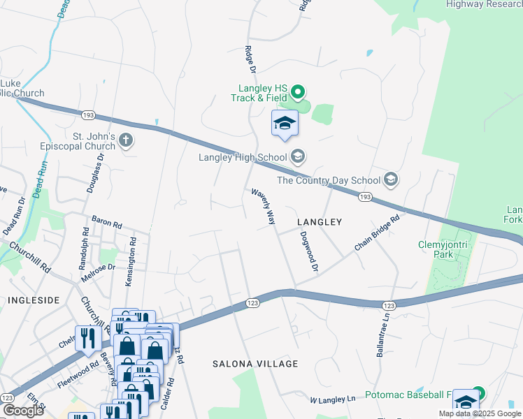 map of restaurants, bars, coffee shops, grocery stores, and more near 1104 Waverly Way in McLean