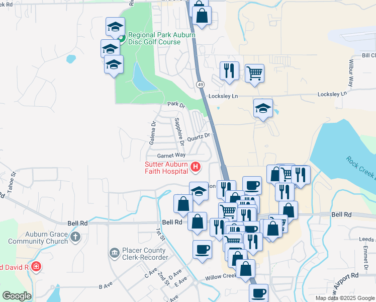 map of restaurants, bars, coffee shops, grocery stores, and more near 3564 Sapphire Drive in Auburn