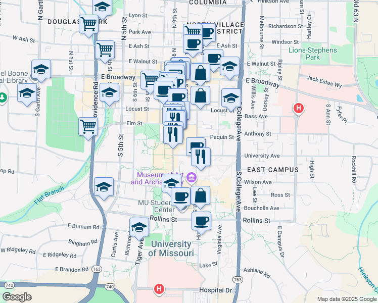 map of restaurants, bars, coffee shops, grocery stores, and more near 505 Hitt Street in Columbia