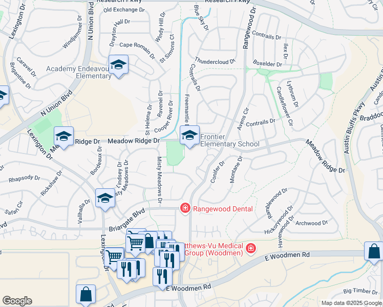 map of restaurants, bars, coffee shops, grocery stores, and more near 3755 Meadow Ridge Drive in Colorado Springs