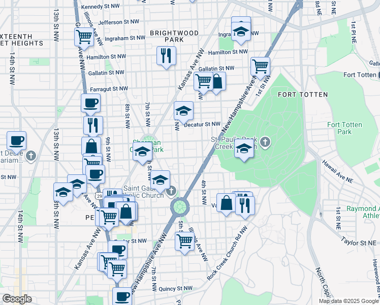 map of restaurants, bars, coffee shops, grocery stores, and more near 425 Buchanan Street Northwest in Washington
