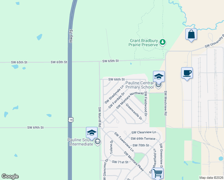 map of restaurants, bars, coffee shops, grocery stores, and more near 6705 Southwest Shadyvale Lane in Topeka