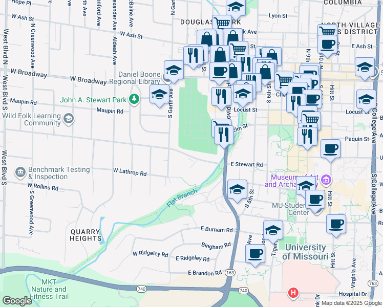 map of restaurants, bars, coffee shops, grocery stores, and more near 21 East Stewart Road in Columbia