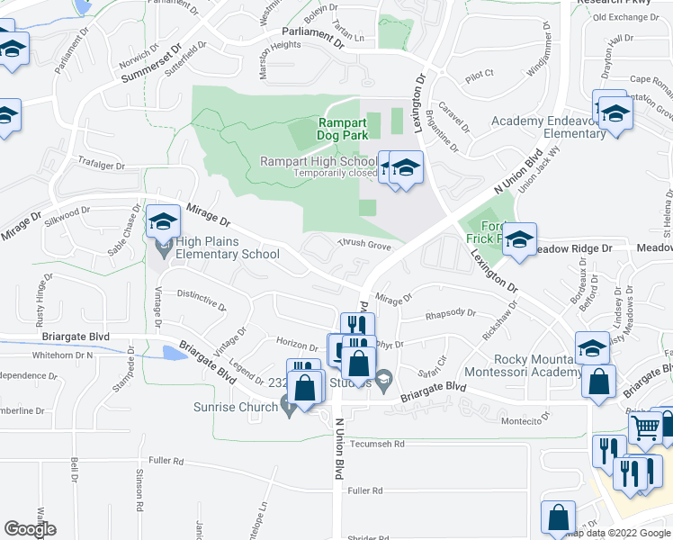 map of restaurants, bars, coffee shops, grocery stores, and more near 2768 Montague Drive in Colorado Springs