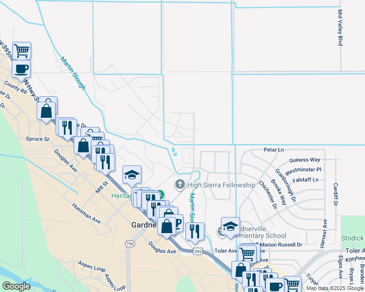 map of restaurants, bars, coffee shops, grocery stores, and more near 1472 Slaughterhouse Lane in Gardnerville
