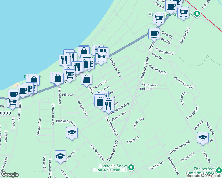 map of restaurants, bars, coffee shops, grocery stores, and more near 3692 Aspen Avenue in South Lake Tahoe