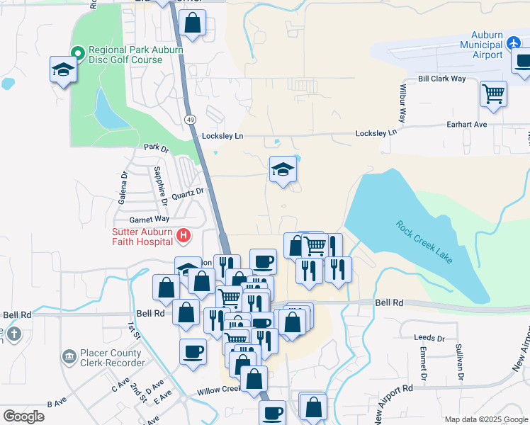 map of restaurants, bars, coffee shops, grocery stores, and more near 3501 Koa Way in Auburn