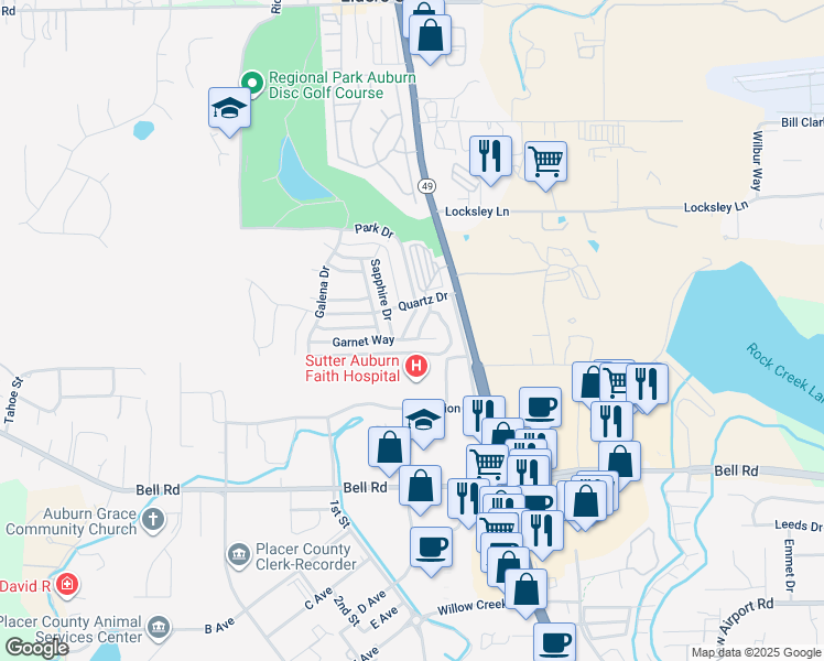 map of restaurants, bars, coffee shops, grocery stores, and more near 11640 Garnet Way in Auburn