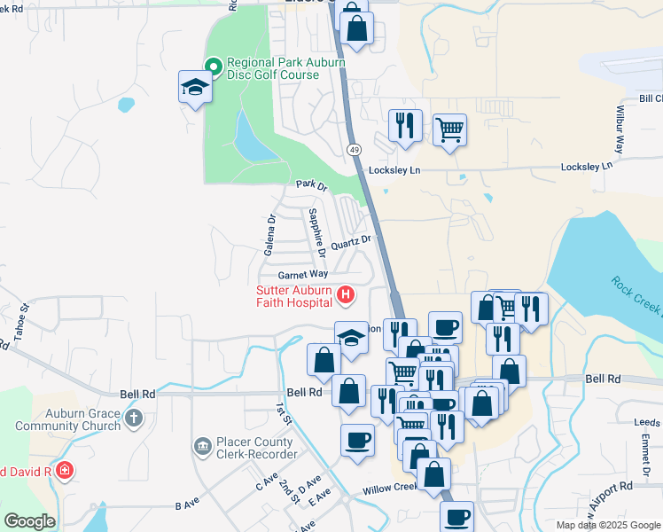 map of restaurants, bars, coffee shops, grocery stores, and more near 11640 Garnet Way in Auburn