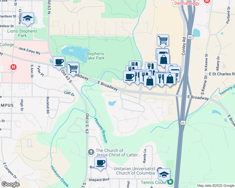 map of restaurants, bars, coffee shops, grocery stores, and more near 1 Broadway Village Dr in Columbia