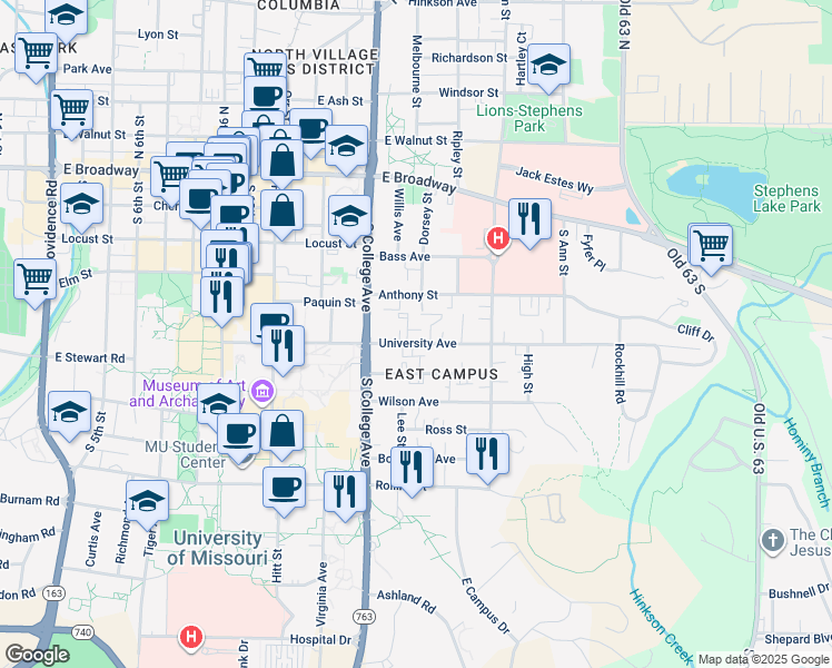 map of restaurants, bars, coffee shops, grocery stores, and more near 1316 University Avenue in Columbia