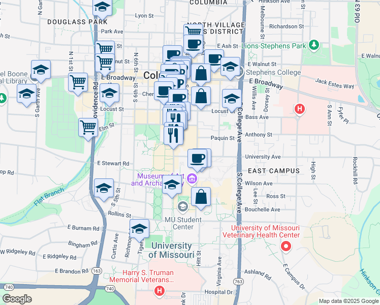 map of restaurants, bars, coffee shops, grocery stores, and more near 505 Hitt Street in Columbia