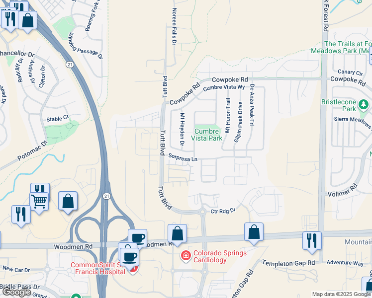 map of restaurants, bars, coffee shops, grocery stores, and more near 7905 Mount Hayden Drive in Colorado Springs