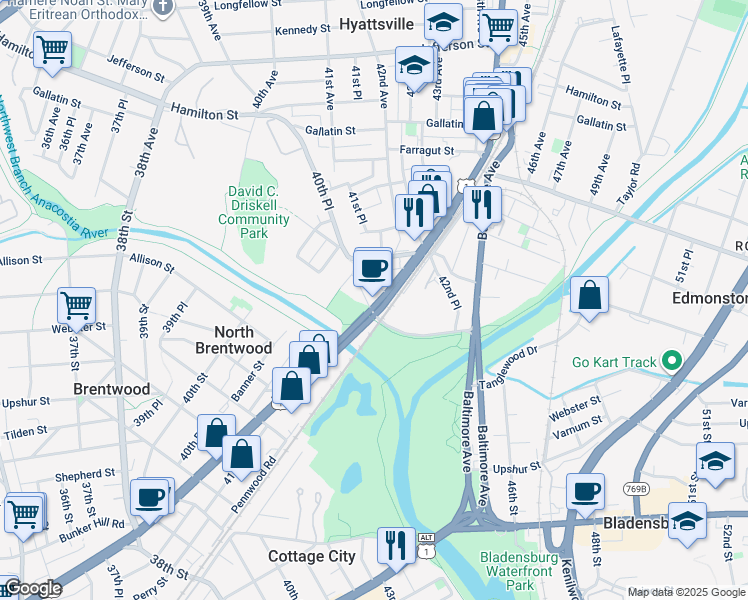 map of restaurants, bars, coffee shops, grocery stores, and more near 4700 Rhode Island Avenue in Hyattsville