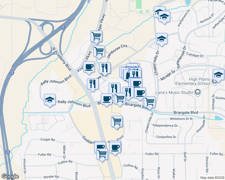 map of restaurants, bars, coffee shops, grocery stores, and more near 7940 Brayden Point in Colorado Springs