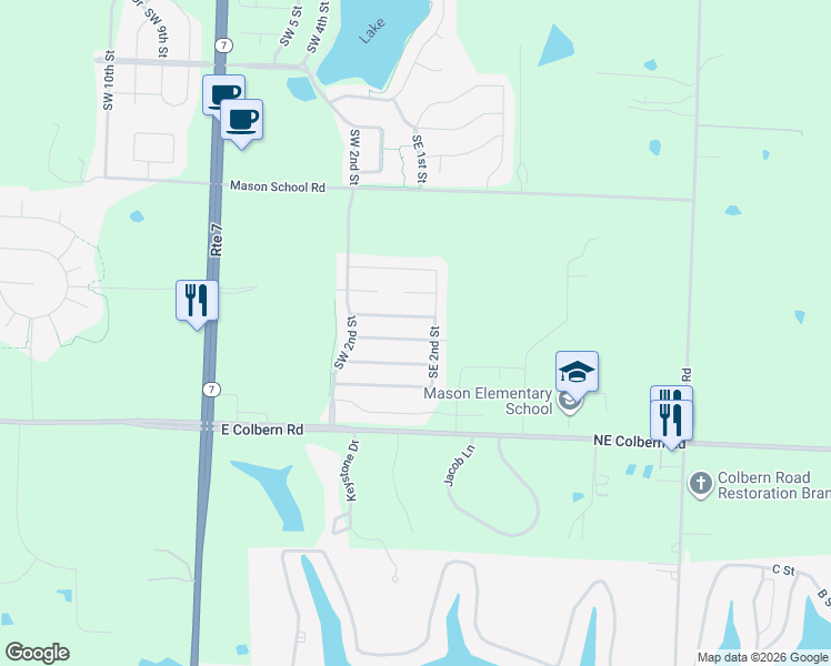 map of restaurants, bars, coffee shops, grocery stores, and more near 123 Southeast Rose Garden Lane in Lee's Summit
