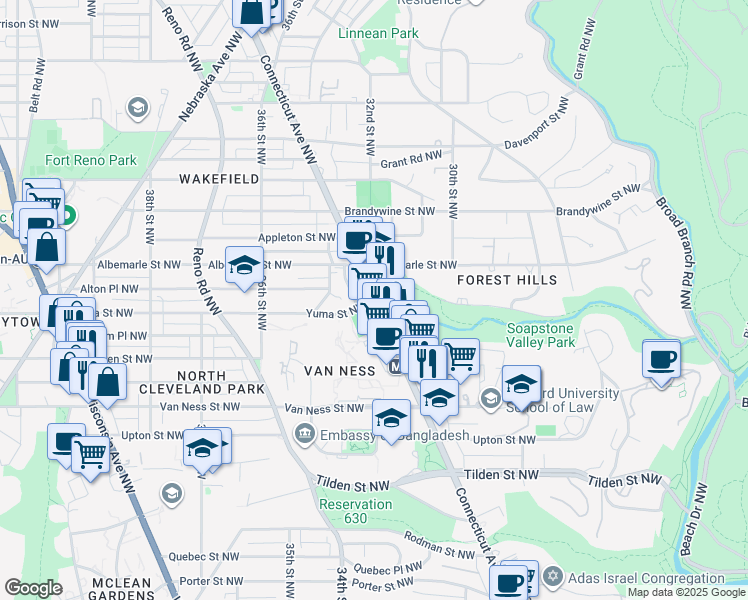 map of restaurants, bars, coffee shops, grocery stores, and more near Connecticut Avenue Northwest & Yuma Street Northwest in Washington