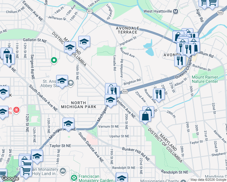 map of restaurants, bars, coffee shops, grocery stores, and more near 101 Independence Avenue Southeast in Washington