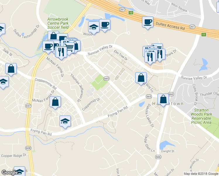 map of restaurants, bars, coffee shops, grocery stores, and more near 2434 Mountain Mill Place in Herndon