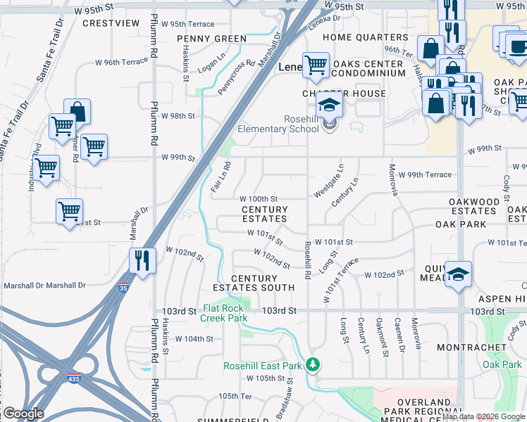 map of restaurants, bars, coffee shops, grocery stores, and more near 12900 West 100th Street in Lenexa