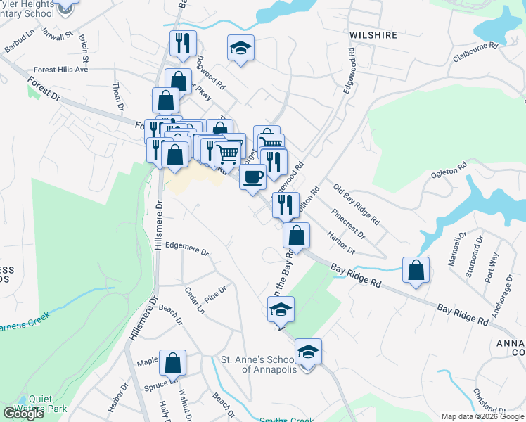 map of restaurants, bars, coffee shops, grocery stores, and more near 7498 Edgewood Road in Annapolis