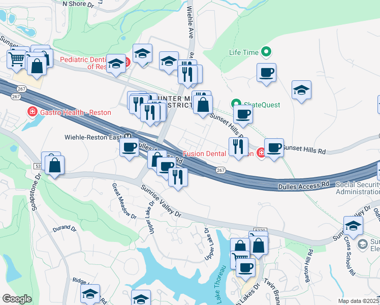 map of restaurants, bars, coffee shops, grocery stores, and more near 11246 Faraday Park Drive in Reston