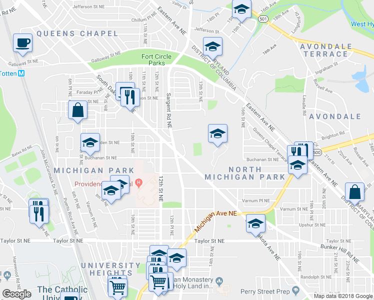 map of restaurants, bars, coffee shops, grocery stores, and more near 4705 13th Place Northeast in Washington