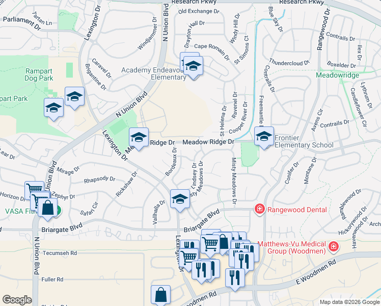map of restaurants, bars, coffee shops, grocery stores, and more near 3430 Ormes Way in Colorado Springs
