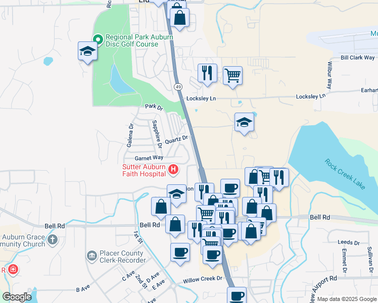 map of restaurants, bars, coffee shops, grocery stores, and more near 3581 Town Court in Auburn