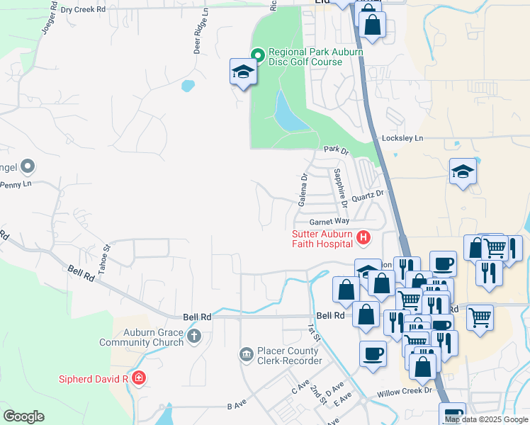 map of restaurants, bars, coffee shops, grocery stores, and more near 3660 Snow Cap View Circle in Auburn