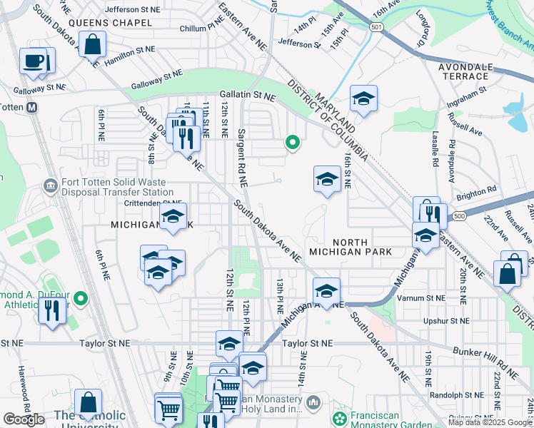 map of restaurants, bars, coffee shops, grocery stores, and more near 4705 13th Place Northeast in Washington